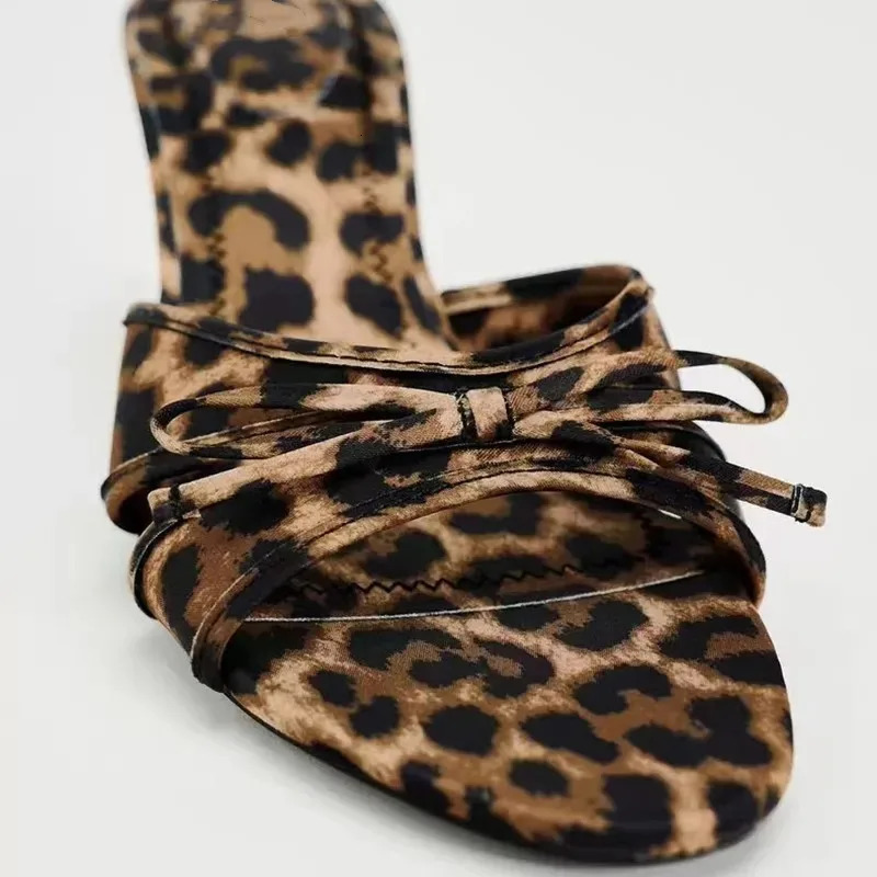 European and American High Quality Women Shoes Bow Knot Leopard Print Heel Slippers Slippers 250526
