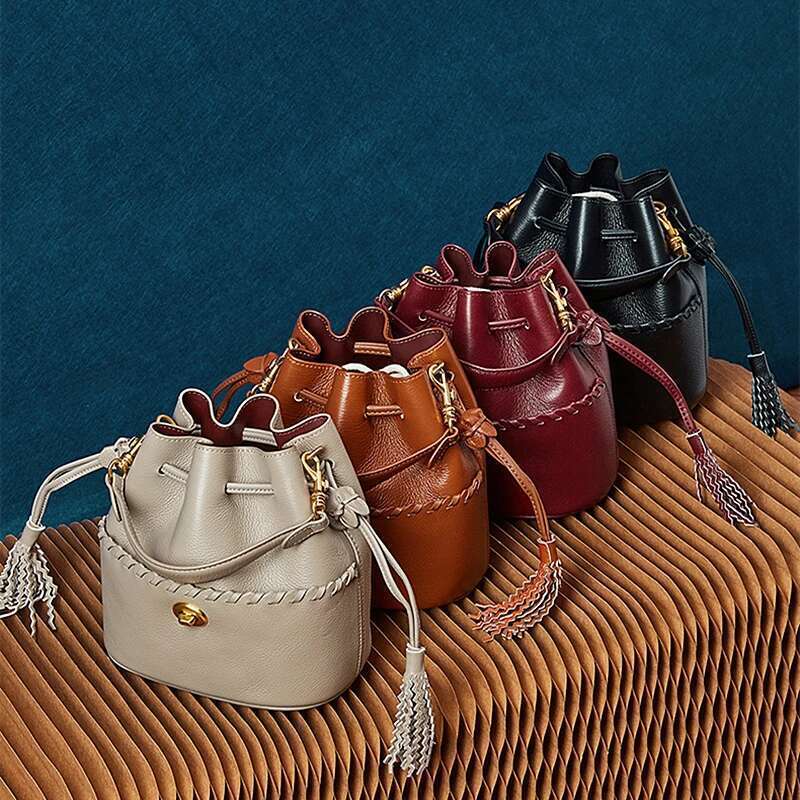 Burminsa Cow Genuine Leather Drawstring Bucket Small Shoulder Crossbody Bags For Women Designer Tote Ladies Handbags bag
