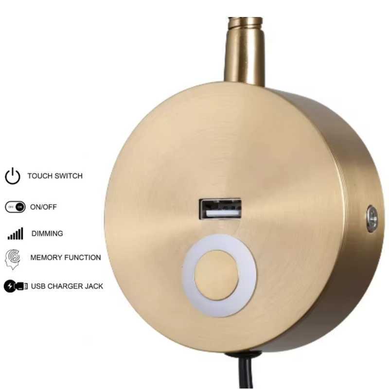 Tokili LED Golden Wall Lamp w/ USB Charger Touch Dimmer - Bendable Gooseneck Bed Headboard Spotlight Sconce for Reading LightsXJ250526