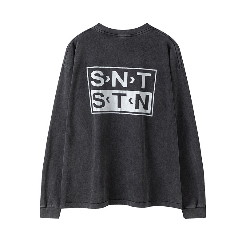 Chic Washed-Damaged Design Long Sleeves Vintage-Inspired T-Shirt Featuring Unique Street Art Prints