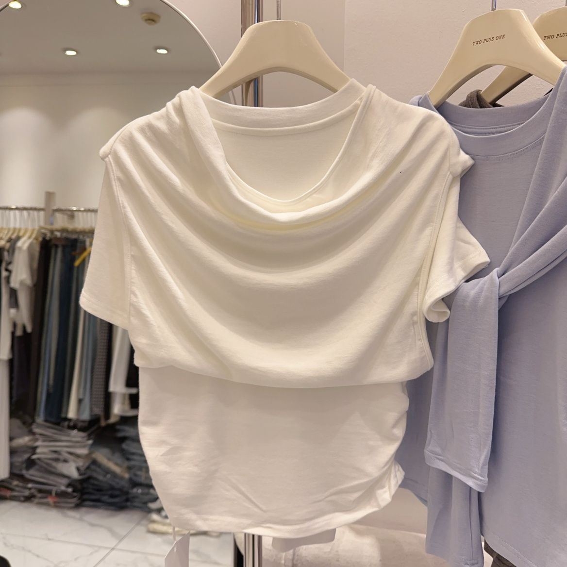 Super tactile Modal cotton design niche shawl fake two-piece T-shirt womens short sleeved top solid color short top 250211