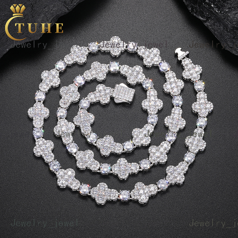 Iced Out Cross Design 10mm Vvs Moissanite White Gold Plated 925 Silver Tennis Chain Necklace Rapper Hip Hop Jewelry