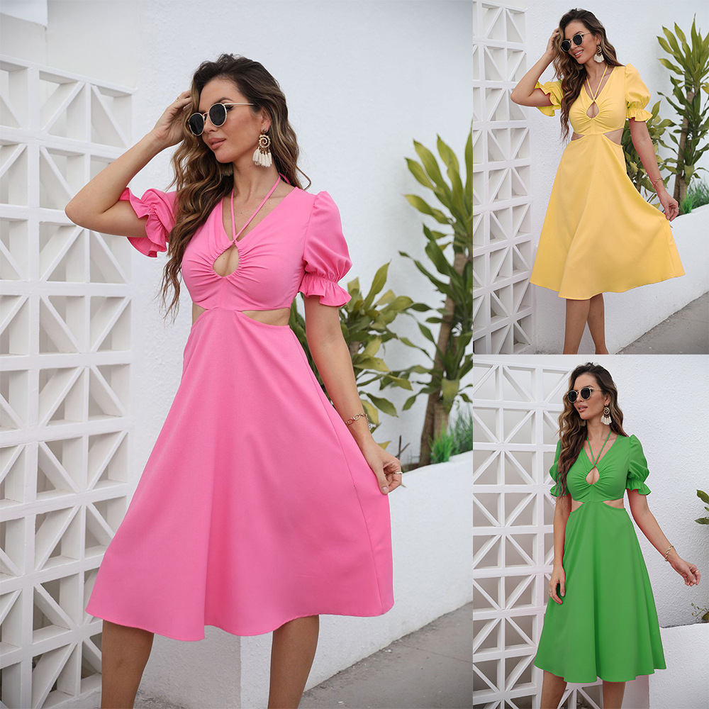 Spring and Summer New Womens Wear New Product V-Neck Slim Fit Dress Solid Midlength Dress