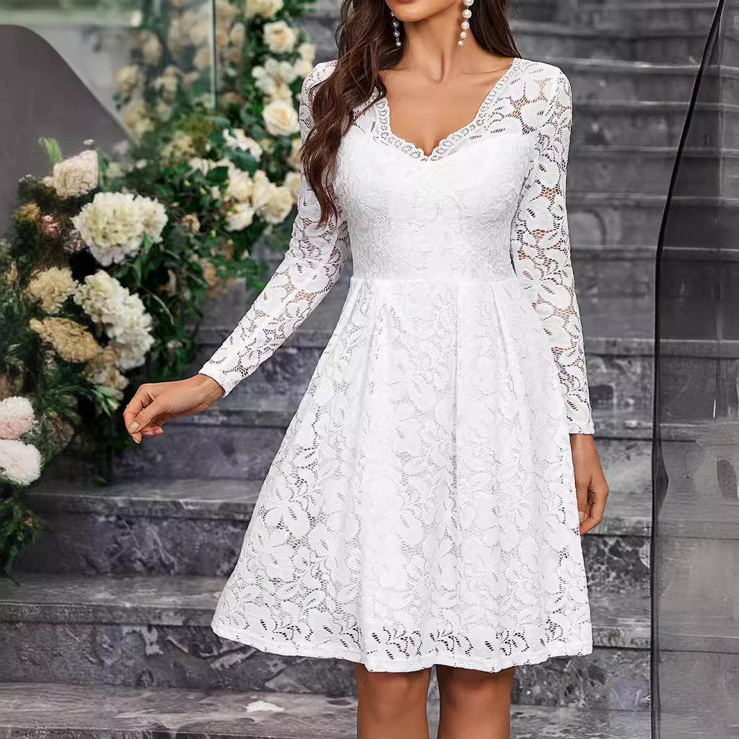 QQH dress V-neck long sleeved back to school lace short skirt party