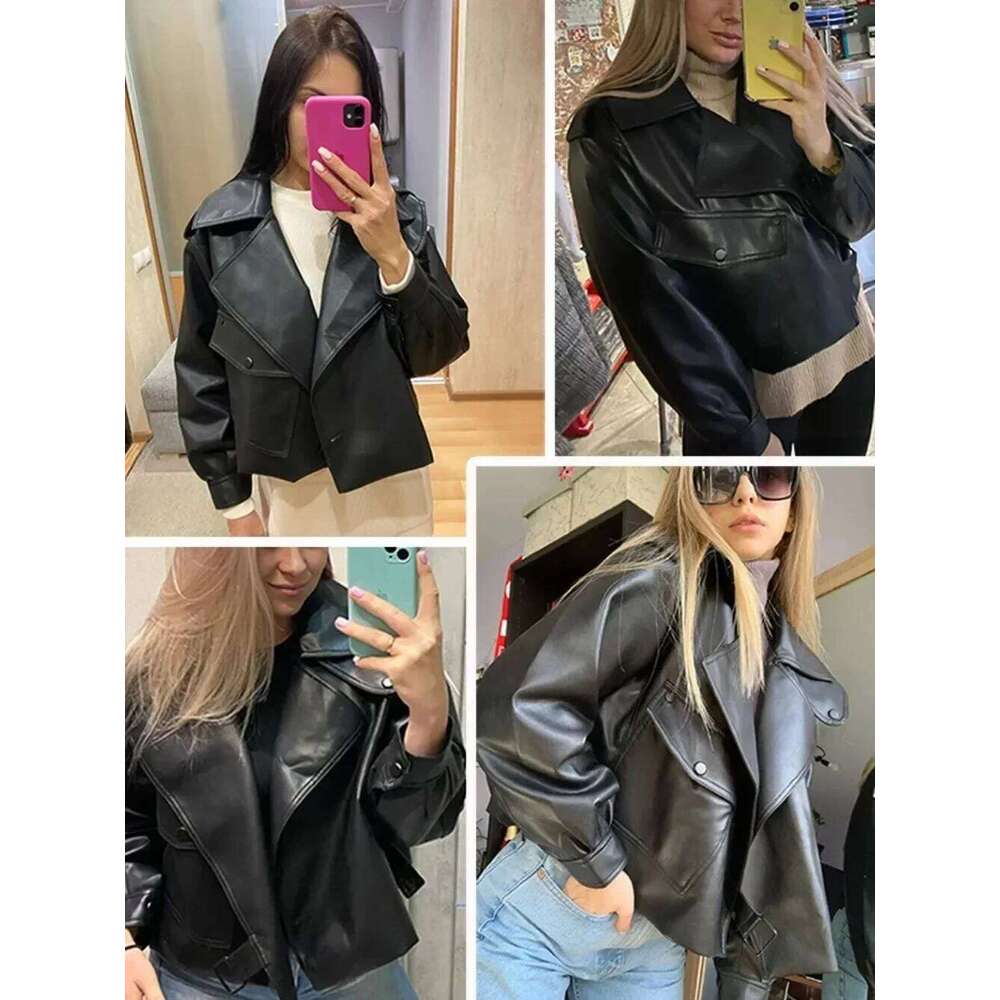 New Spring Women Faux Leather Jacket Biker Coat Turndown Collar PU Motorcycle Jackets Loose Streetwear Outerwear High Street