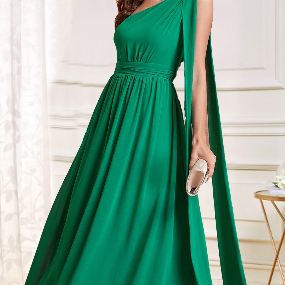 New womens dress with sloping shoulders and slim fit solid color long dress new chiffon dress