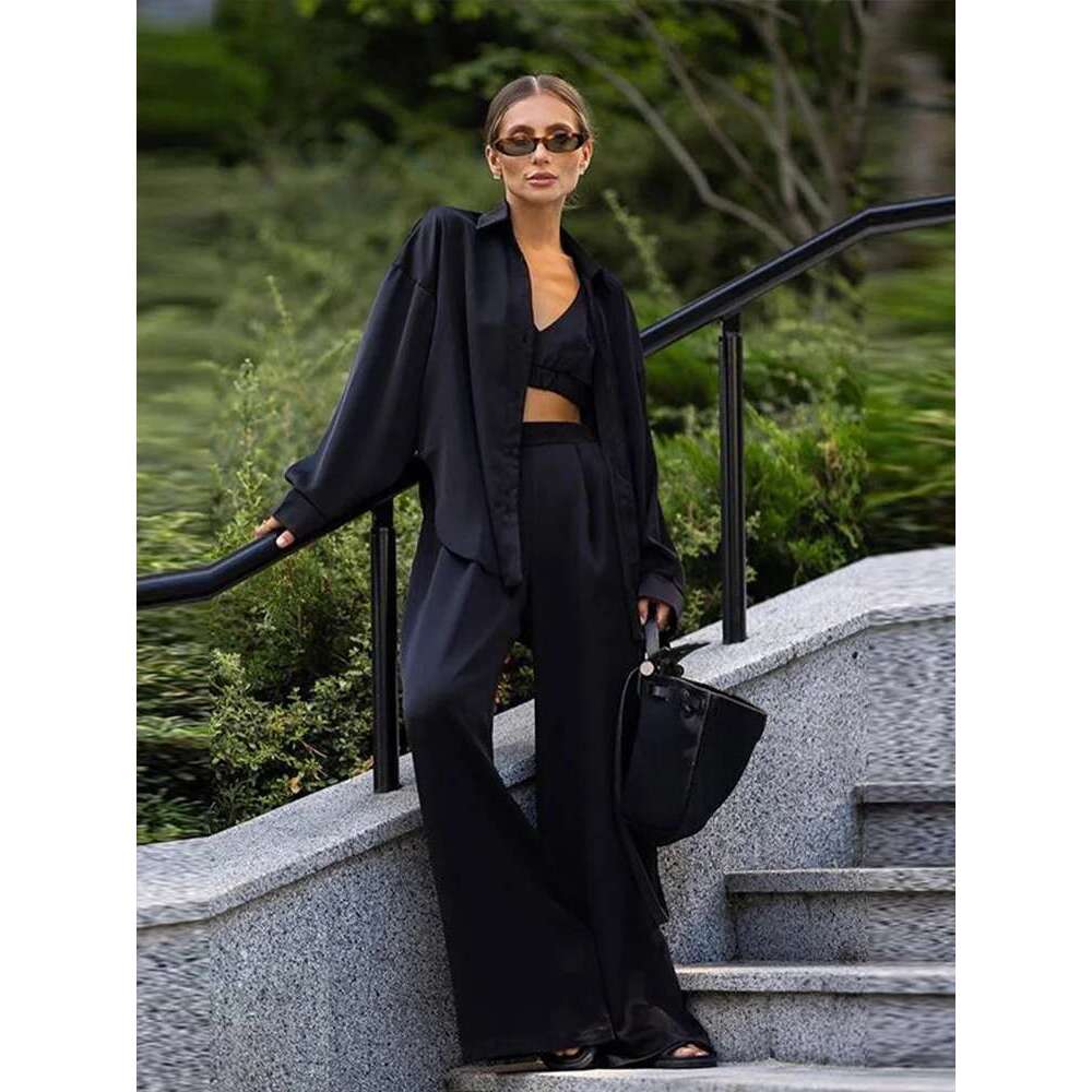 Sexy Bra Shirt Pants Suits Women Satin Lapel Long Sleeve Single Breasted Loose Blouse With Straight Trousers Chic Ladies Outfits