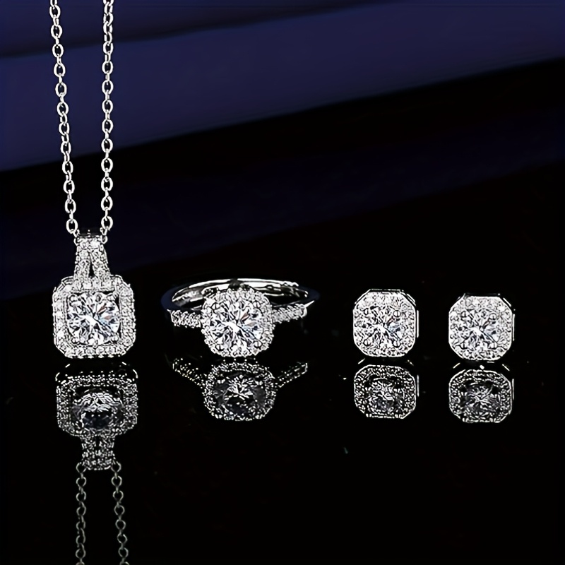 VOBIPY Jewelry Set Necklace for Women Dainty Cubic Zirconia Trendy Pendant Necklace Earrings Ring Jewelry Set Adjustable