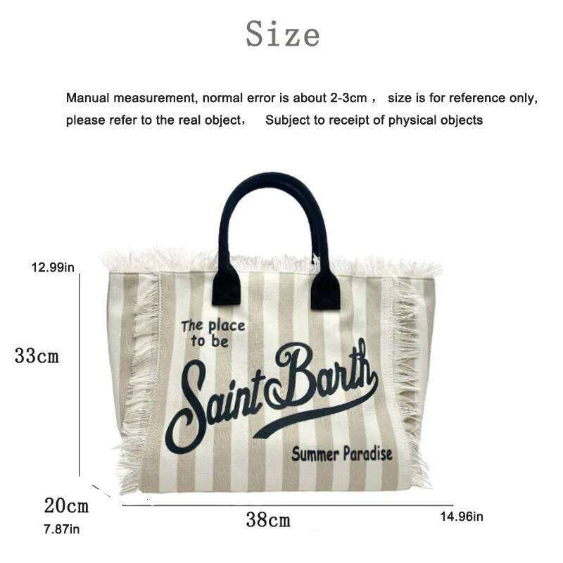 Saint Barth European And American New Women's Large Capacity Casual Beach Canvas Striped Tassel Handheld Tote Bag