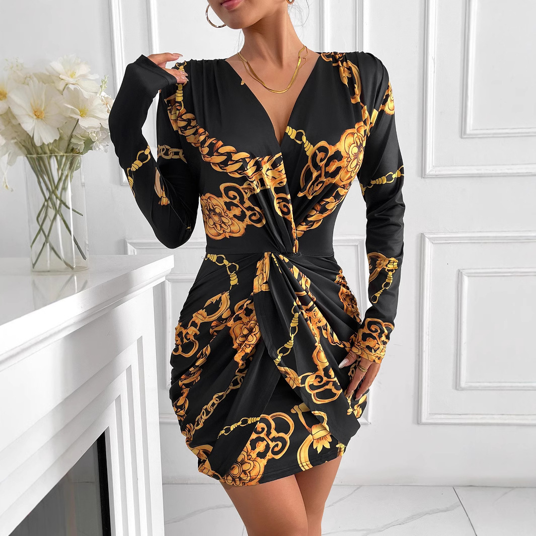 New womens dress with fashionable temperament printed long sleeved V-neck hip hugging elastic short skirt for banquet