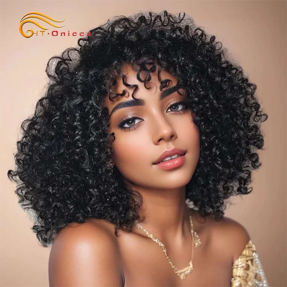 100% Curly Short Bob Human Hair Wig With Bangs Indian Remy Full hine Made Wigs For Women 180% Density