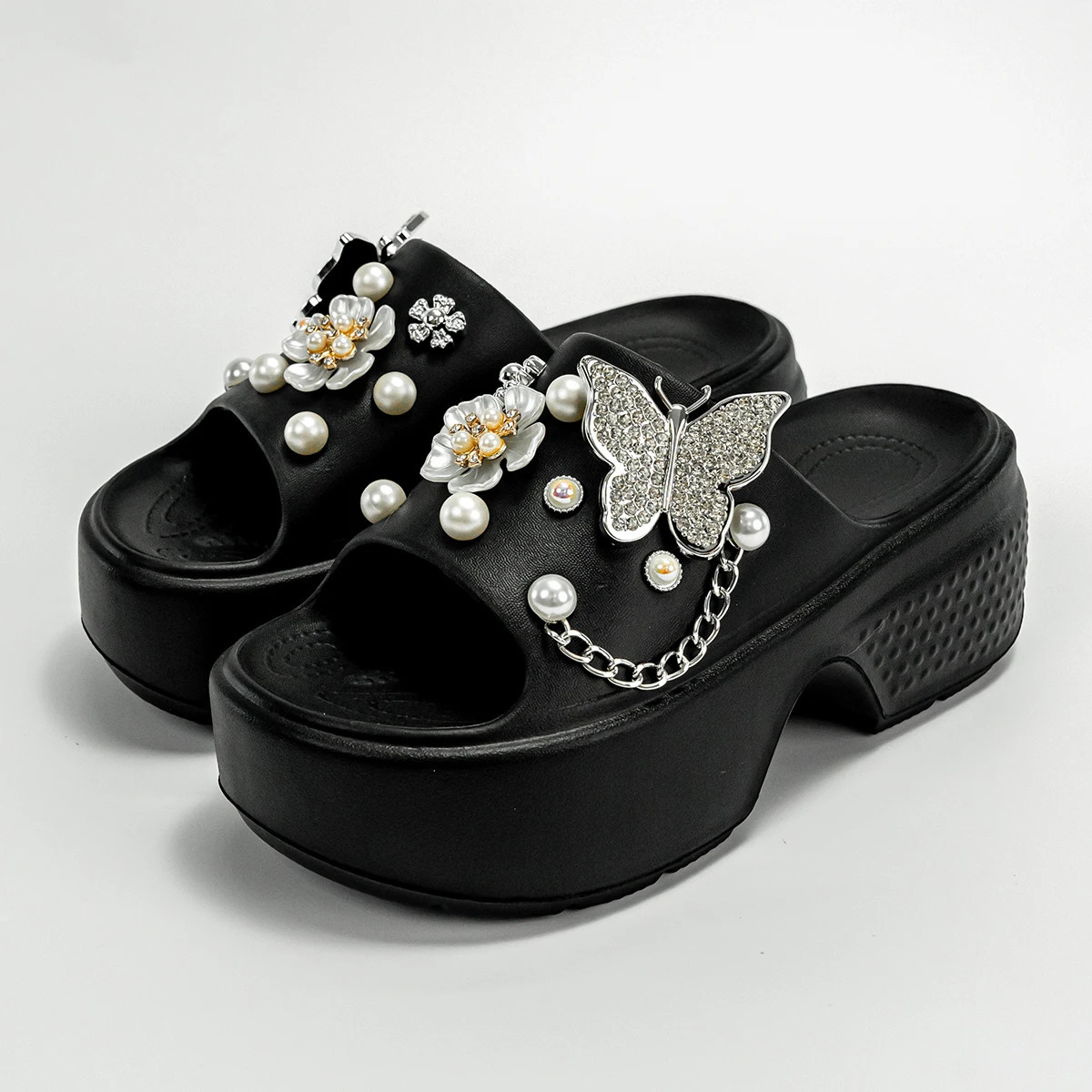 Fashionable Silver Butterfly Flower OneLine Sandals Outdoor ThickSoled Heightening E20 250526