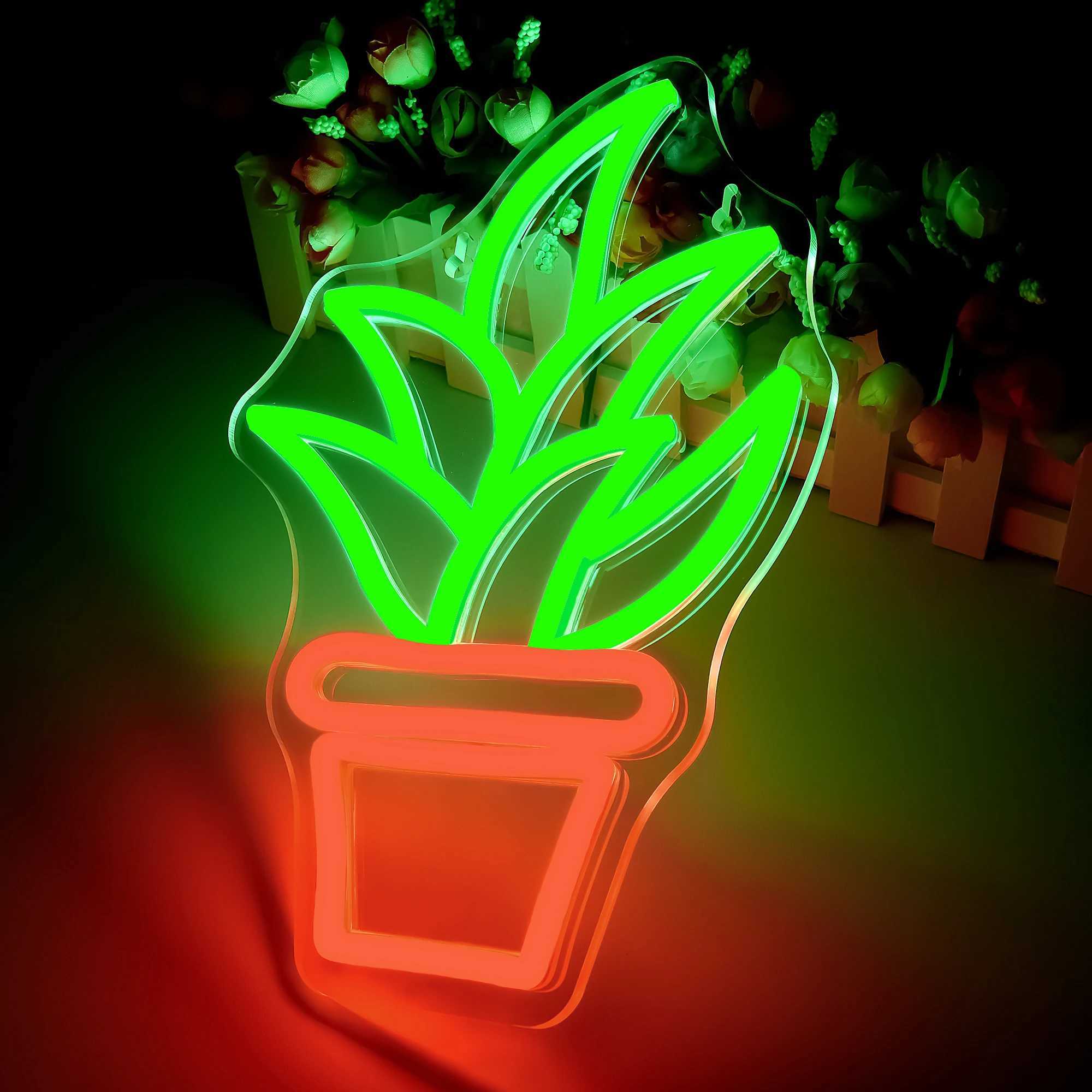 Plant Neon Sign Potted Plant Neon Lights Sign Green Leaf Neon Sign LED Light up Signs for Wall Decor Bedroom USB Powered W250526