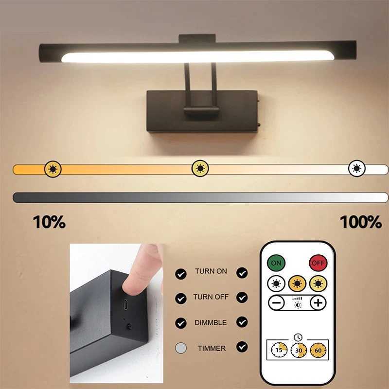 Rechargeable LED Wall Light Mirror Front Light Remote Control Black Gold Makeup Room Washbench Home Interior Decoration FixturesXJ250526