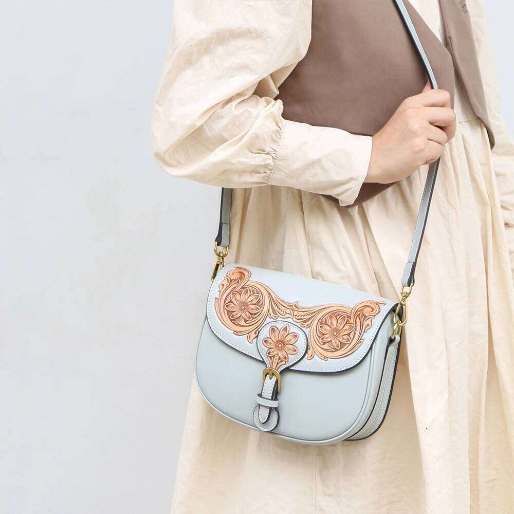 Designer Bag Genuine Handmade Leather Carving Single Shoulder Women S Ethnic Style New Crossbody Saddle Bag