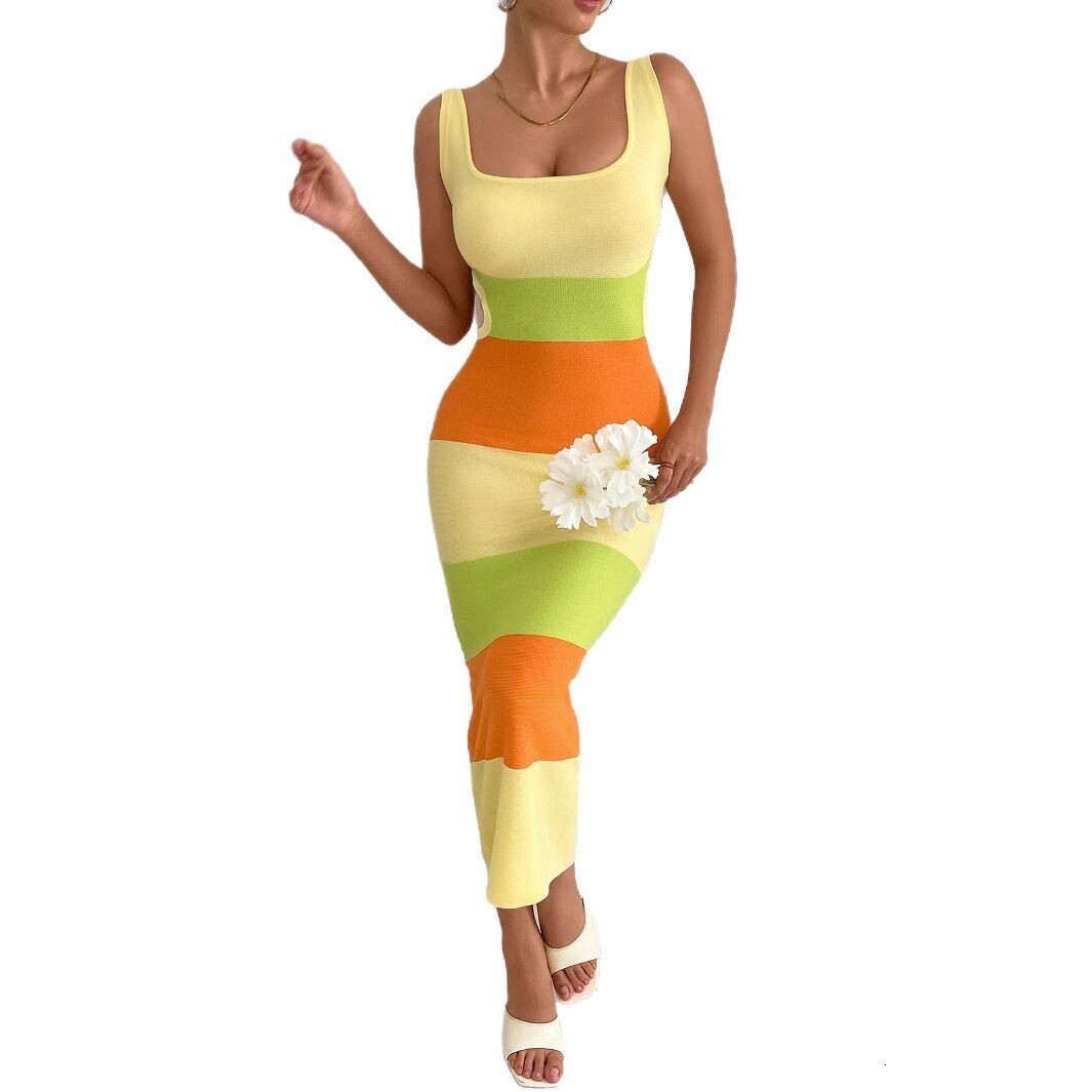 2025 Spring/Summer New Colorful Stripe Contrasting Sleeveless Bareback Strap Slimming Resort Beach Woolen jumpsuit