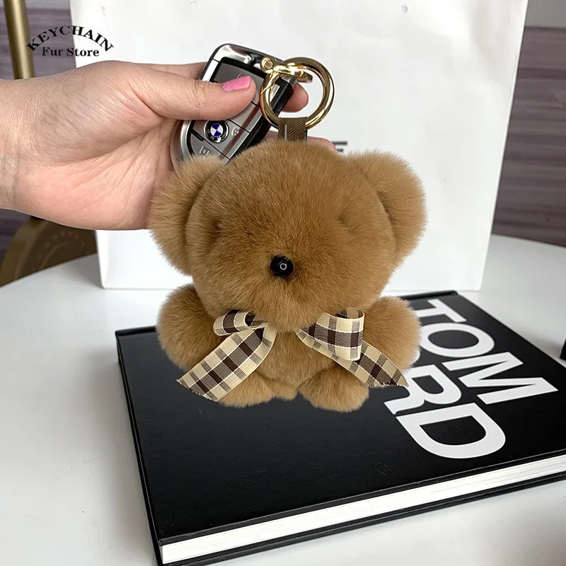 Cute Key Chain Fluffy Plush Little Bear Toy Women Rex Rabbit Fur Keychain Plush Panda Handbag Pendant Car Keyring Girls Gift R250525