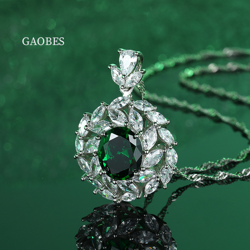 925 Sterling Silver Emerald and Sapphire Pendant Necklace with Full Diamond Inlay, High-End Adjustable Necklace for Women
