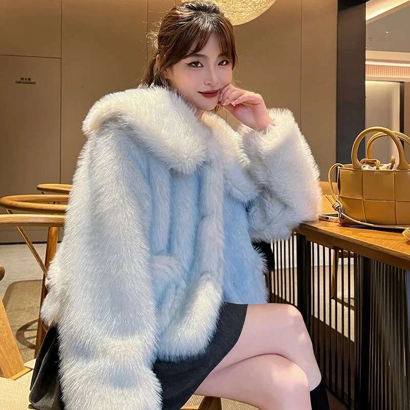 Korean Sweet Doll Collar Gradient Blue Imitation Jacket Winter Women Single-breasted Long Sleeve Faux Fox Fur Coat Female