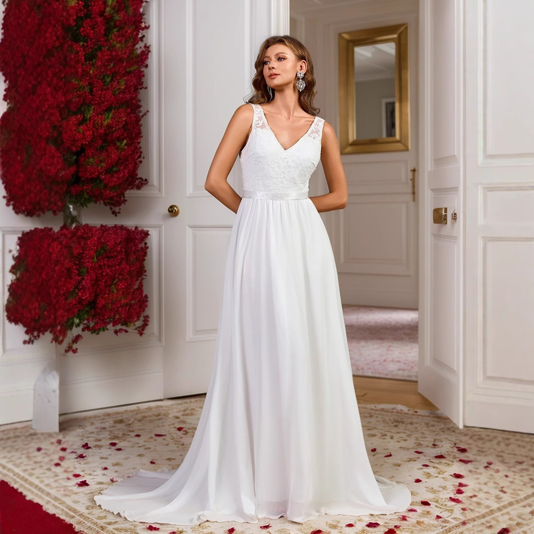 New Evening Dress Simple Sleeveless Wedding Dress Tail Grand Display Banquet Ball Dress