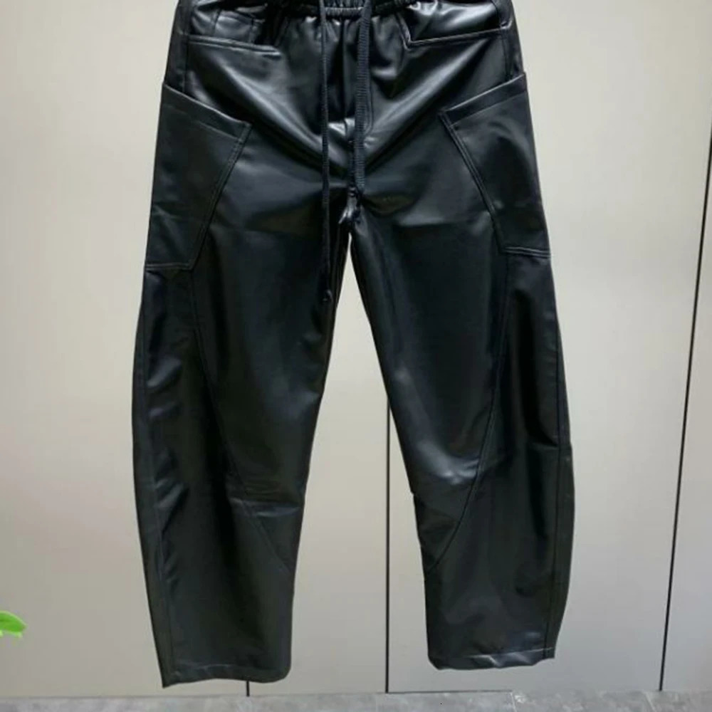 Mens Pu Leather Pants MultiPocket Streetwear American HipHop AllMatch Solid Color Simple Casual Clothing 250526