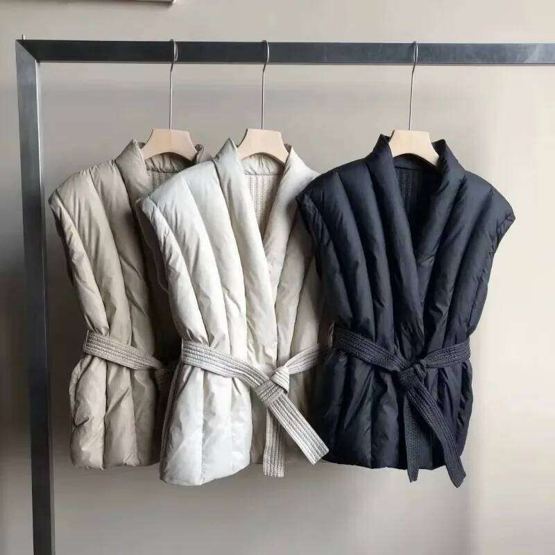 Sweet Hot Girl Knitted Splicing Vest Women's Autumn And Winter Lace-Up White Duck Down Sleeveless Coat Female Clothes