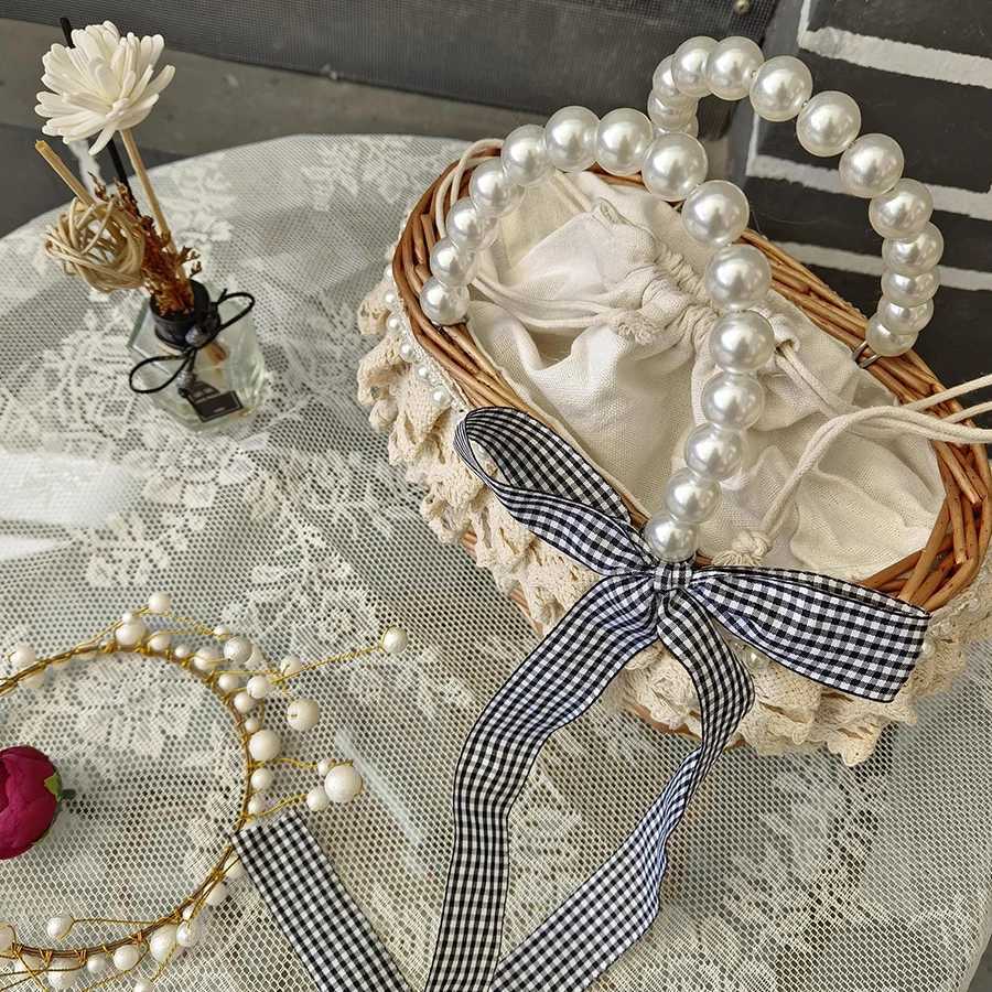 Summer Wicker Woven Basket Bags Pearl Hand Rattan Women Handbags Handmade Lace Beach Straw Tote Bag Travel Designer Shoulder Bag W250524