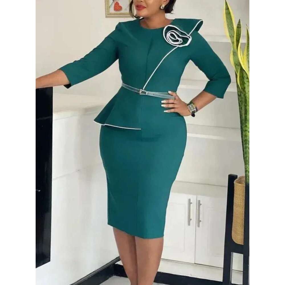 Elegant Church Dresses for Women 3D Flowers Classy Modest Office Ladies Female Autumn Winter Formal Event Date Bodycon Slim Gown