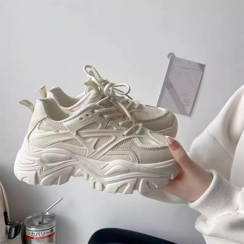 Women Fashion Platform Sport Shoes Summer Black Casual Chunky Sneakers Mesh Leather Shoes 250526