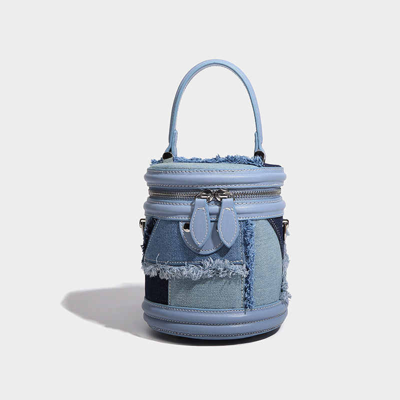 Niche Design Denim Patchwork Stylish Bucket 2024 New Casual Trendy Versatile Handbag Crossbody Small Bag