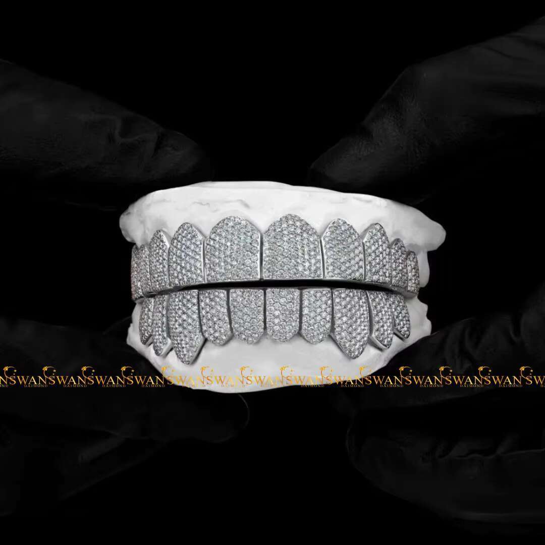 Trending Hp Hop Teeth Grillz Made by 925S Silver and Crafted From Moissanite Round Brilliant Cut VVs Clarity Diamonds for Men