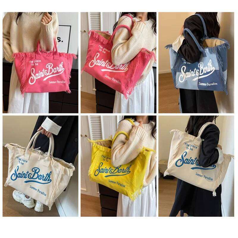 Women's Bags Designer Summer New Hot Selling Canvas Solid Color Women's Bag Large Capacity Printed Letter Tassel Splicing High-Quality Handb