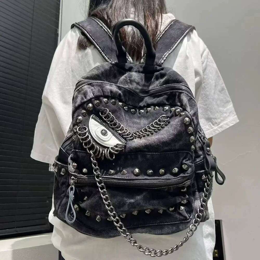 Women's Bags Designer Women's Fashion Steampunk Denim Backpack Large Capacity Rivet Chain Shoulder Handbag