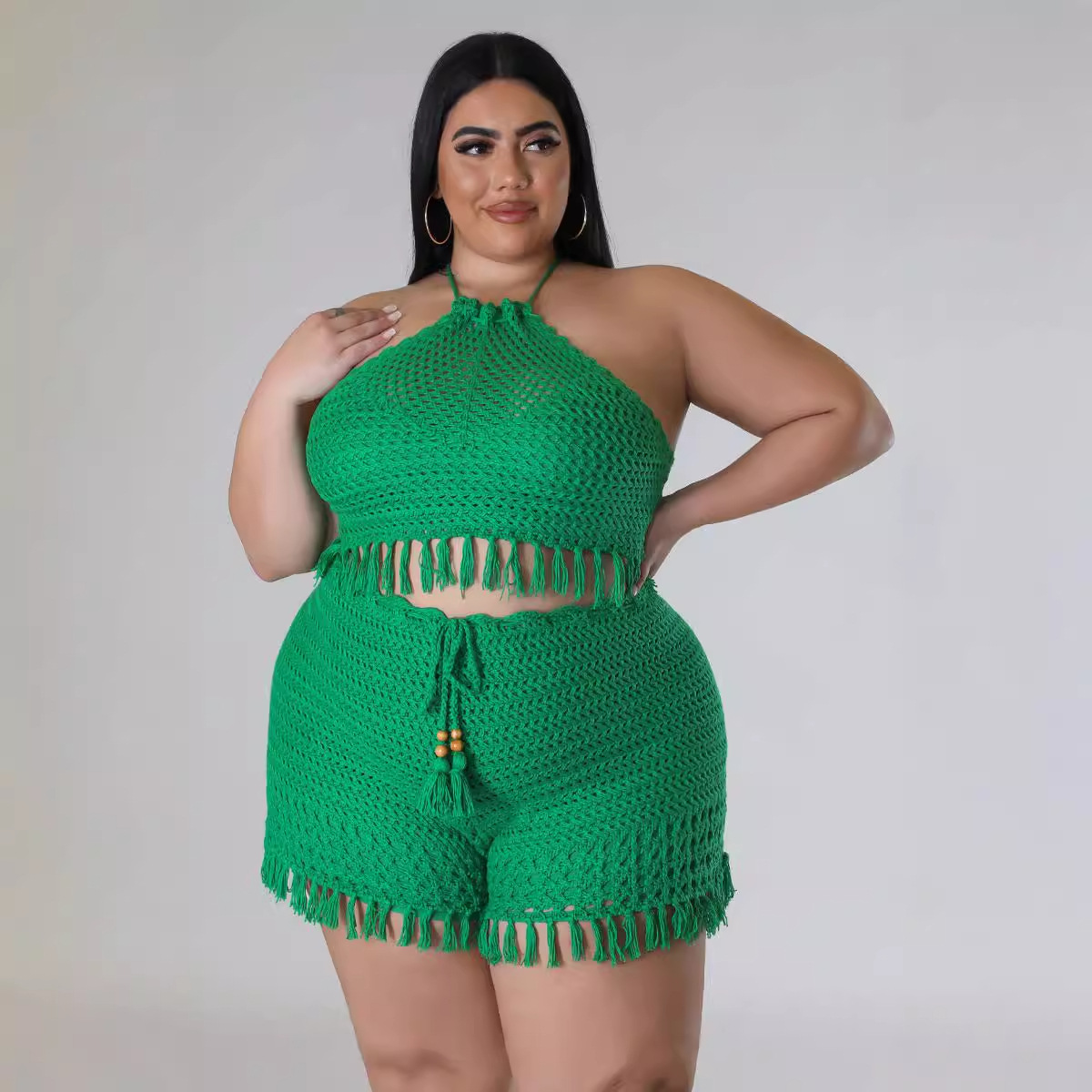 Women's Plus Size XL-XXXXXL size two-piece pants set Sexy stylish backless tie straps Leisure tassel fishnet knitting design Beach sun-protective