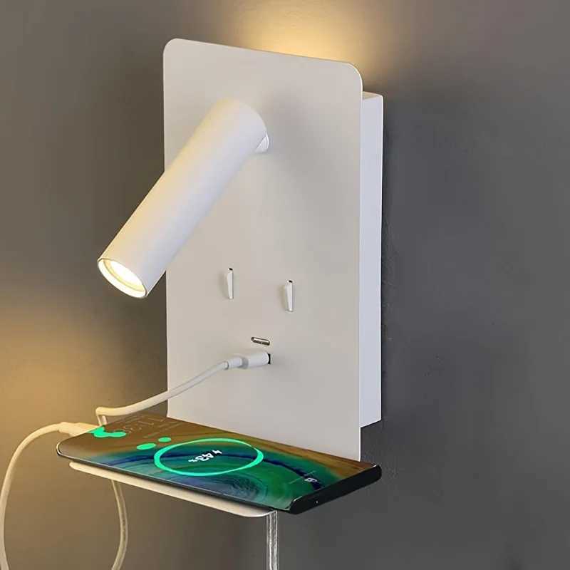 LED Wall Lamp With Switch Indoor Bedside Lamp Bedroom Wall Sconce Surface Mounted Reading Light Flexible USB Port Phone ShelfXJ250526