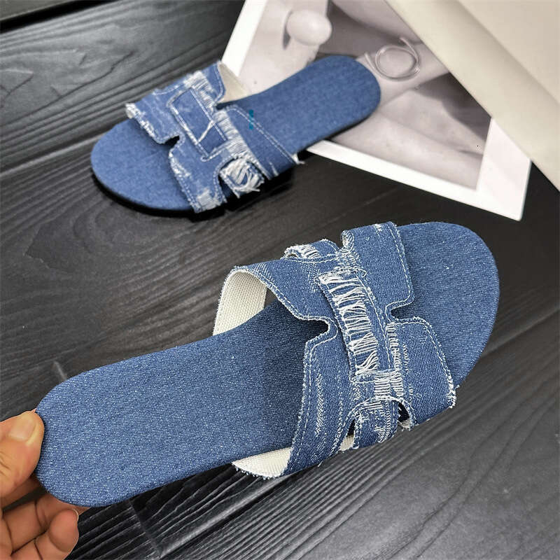 Large Women's Flat Slippers, Indoor And Outdoor Brushed Denim Sandals, One Line Lightweight Flat Sandals, Designer Sandals
