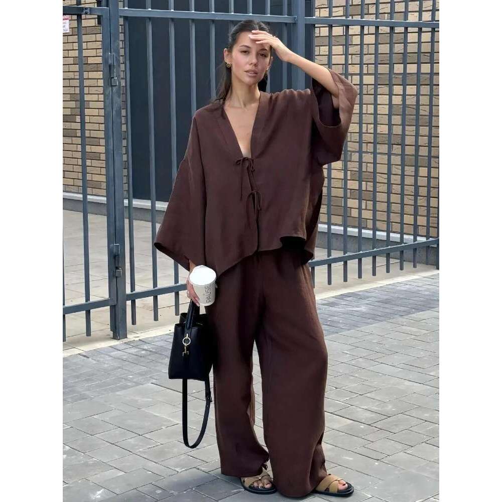 2025 Summer Women's Fashion Outfits Chic Brown Cotton Linen Lace Up Shirt Suits Casual V Neck Long Sleeves Loose Pants Set Lady