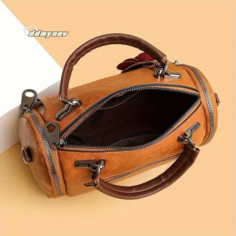 Large Vintage Boston Handbag Solid Color PU Satchel with Zipper Closure, and Flower Pendant - Perfect for Ocnal Use ddmynov