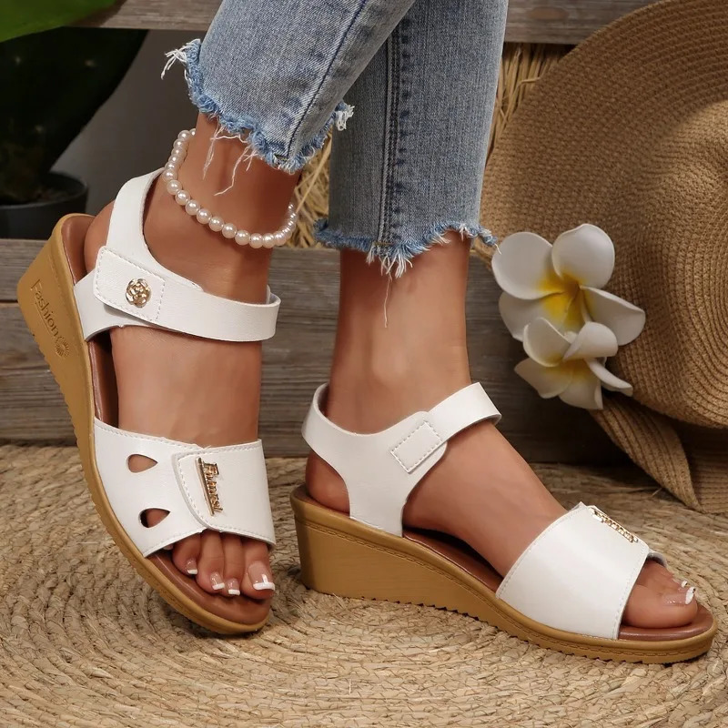 Women Summer Casual Wedge Sandals Comfortable Non Slip Beach Shoes Woman Flower Decor PU Leather Walking 250526