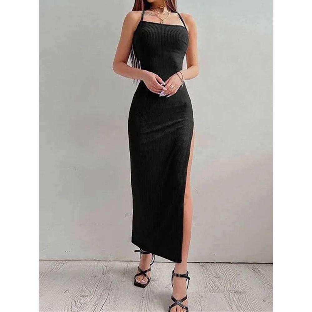 Hot Tight Dresses Sexy Black Long Bodycon Dress Women Summer Sleeveless Blackless Halter Neck Spaghetti Strap Dresses High Split Vestidos Casual Knee 