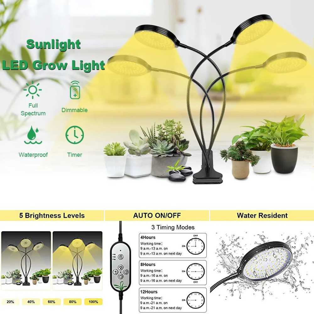 1/2/3/4 Heads LED Plant Grow Lights Dimmable Full Spectrum Phyto Lamp with Clip Auto On/Off Timer Indoor Flower Veg Growing LightXJ250526