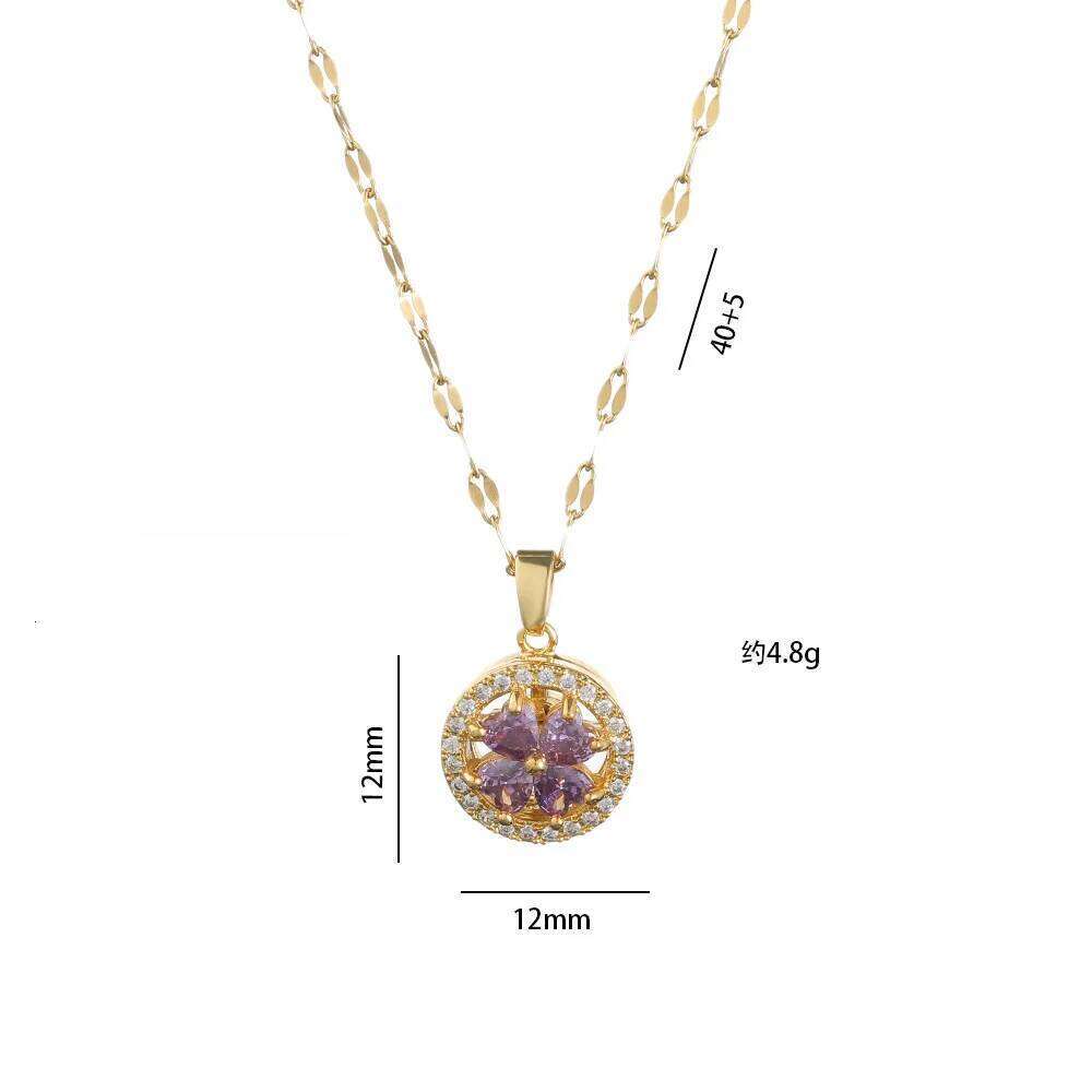 Sweet Flower Purple Zircon Pendant Necklace Earrings Set For Women Girls Stainless Steel Chain Party Accessories Jewelry