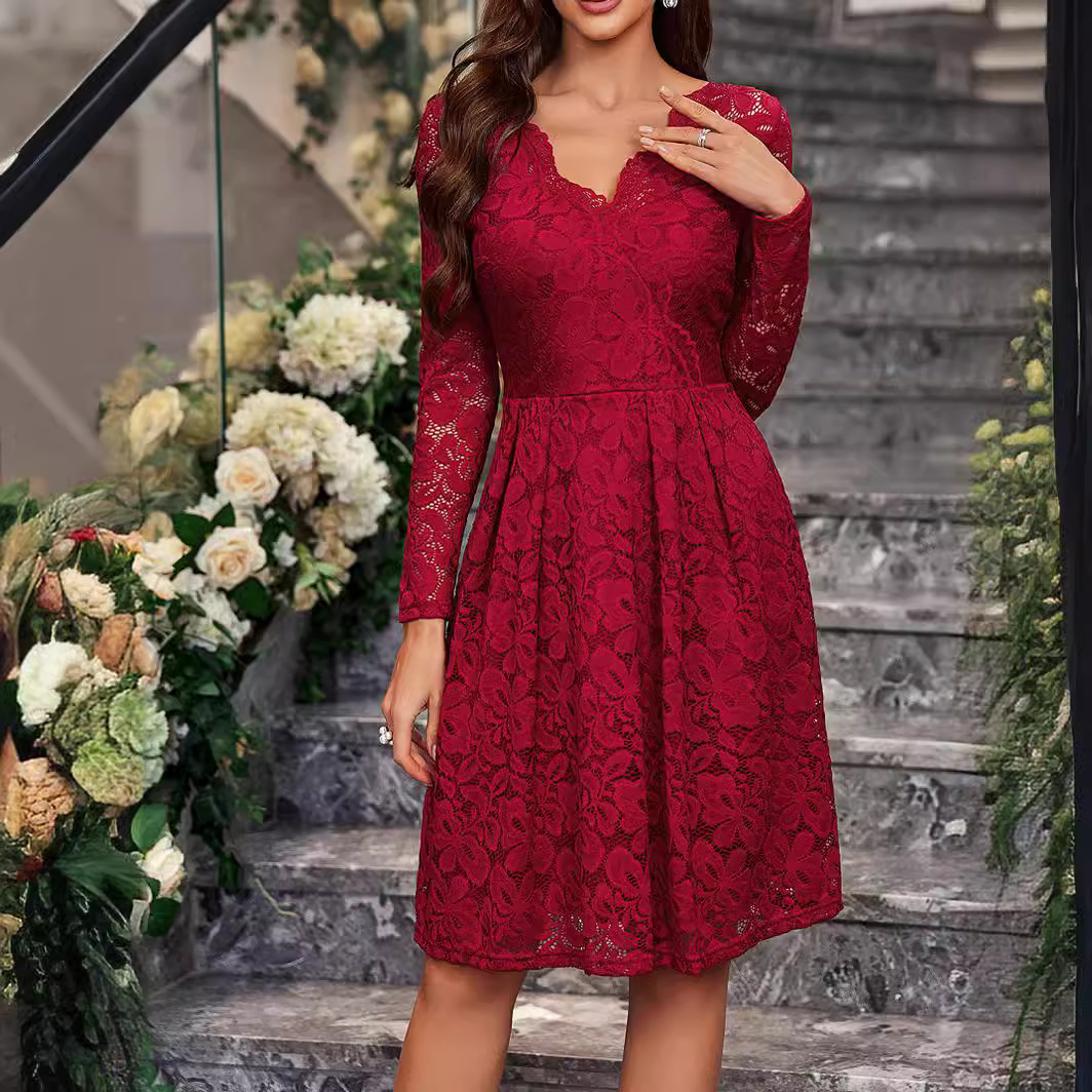 QQH dress V-neck long sleeved back to school lace short skirt party