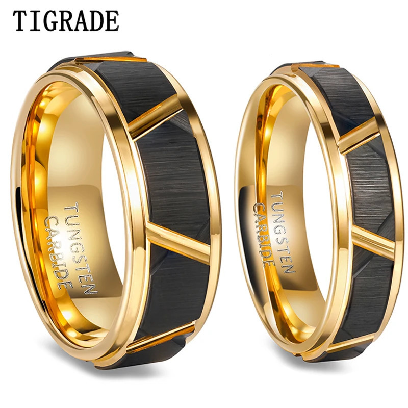 Tigrade 6mm/8mm Mens Tungsten Rings Groove Beveled Edge Pattern Brushed Black Gold Color Wedding Bands Engagement Ring 250519