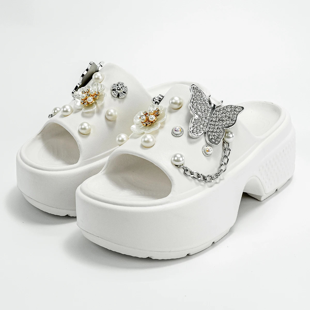 Fashionable Silver Butterfly Flower OneLine Sandals Outdoor ThickSoled Heightening E20 250526