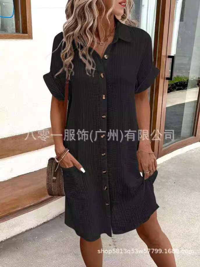 Backless Sexy Dress Casual Solid Color Cotton Linen Button Down Mid Length Short Sleeve Loose Dress Women S Clothing Sexy Flowy Dresses