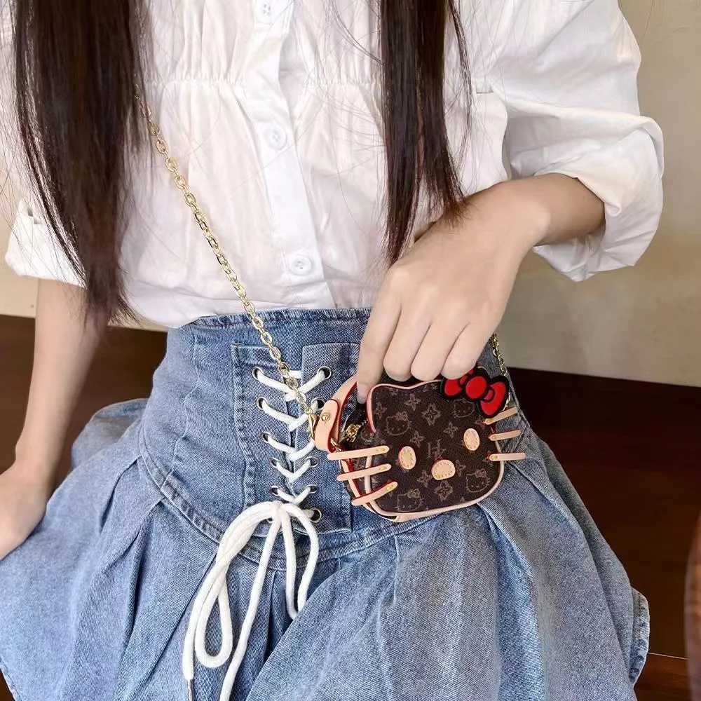 New Hello Kitty Handbag with Cute Bow Embroidery PU Crossbody Bag Cartoon Travel Portable Chain Mini Crossbody Walletw250526