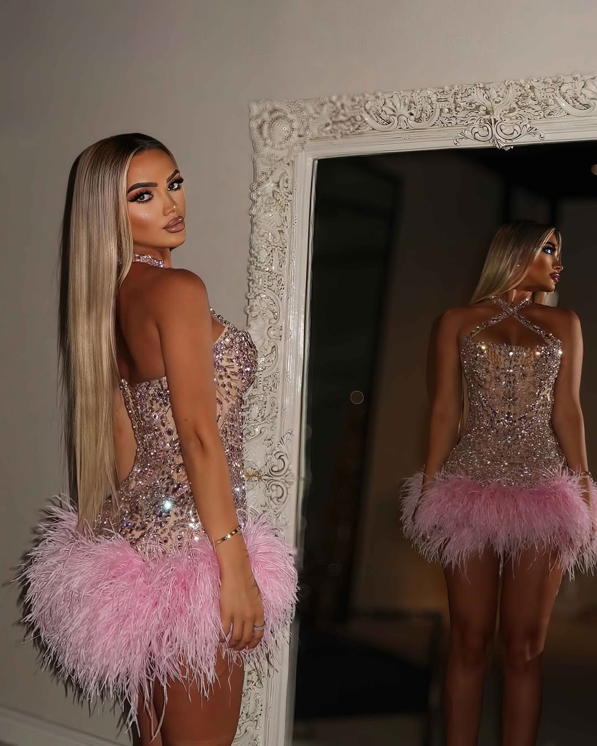 Modest Crystal Cocktail Dresses Feather Halter Mini Short Evening Prom Gowns Rhinestone Illusion Custom Made Backless Graduation Ball Club Party Dress