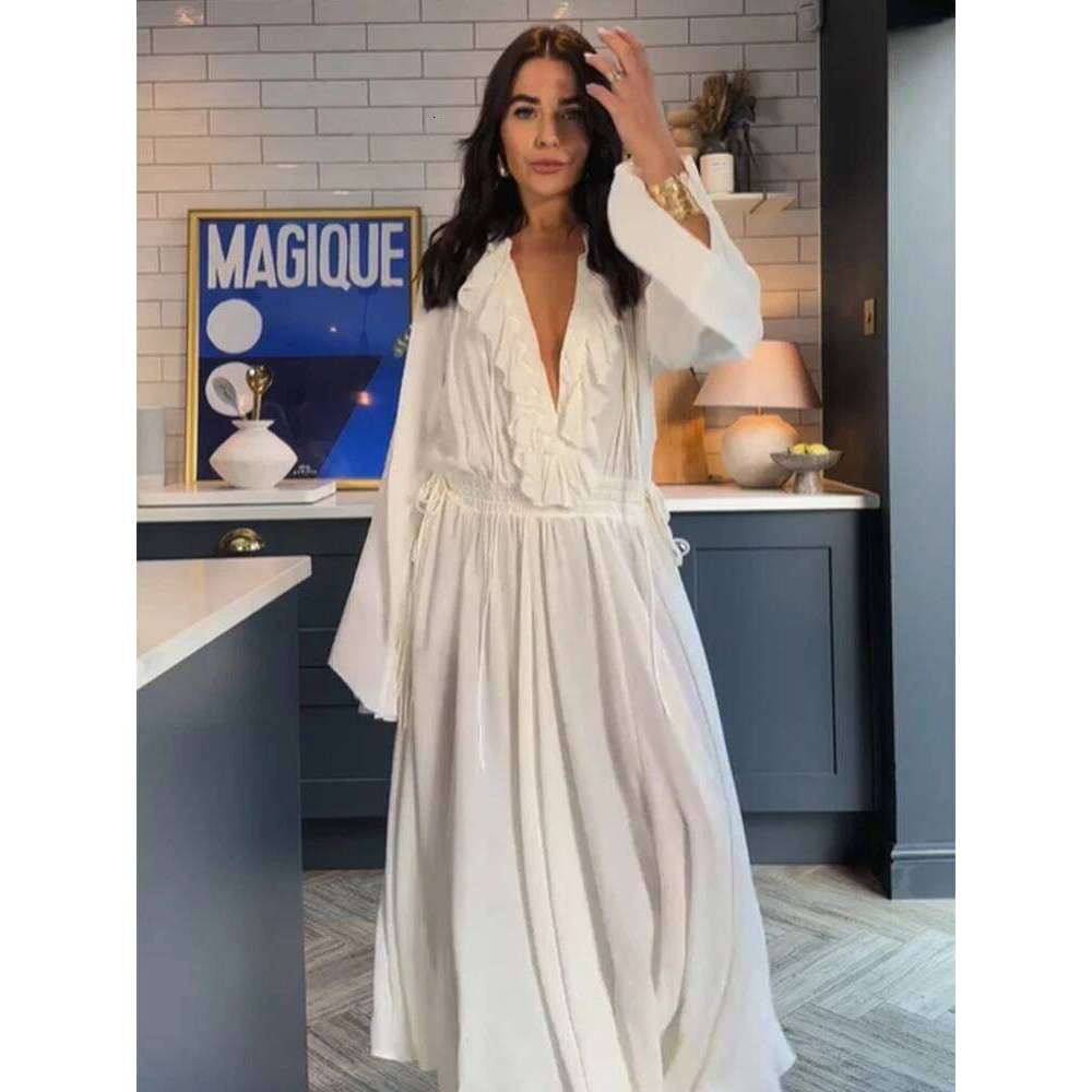 Sexy Deep V-neck Dress Women Elegant Full Flare Sleeve Loose Female Long Dresses 2025 Spring Summer White Ruffle Lady Party Robe