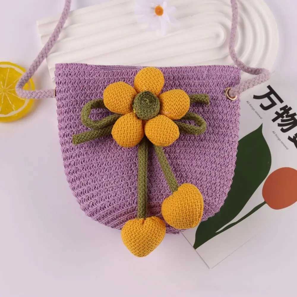 Cute Flower Straw Bag Mini Handmade Summer Beach Shoulder Bag Colorful Zipper Kids Coin Purse W250524